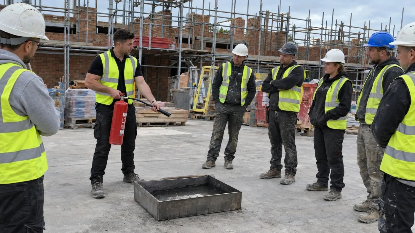 Workplace group taking part in practical fire extinguisher training