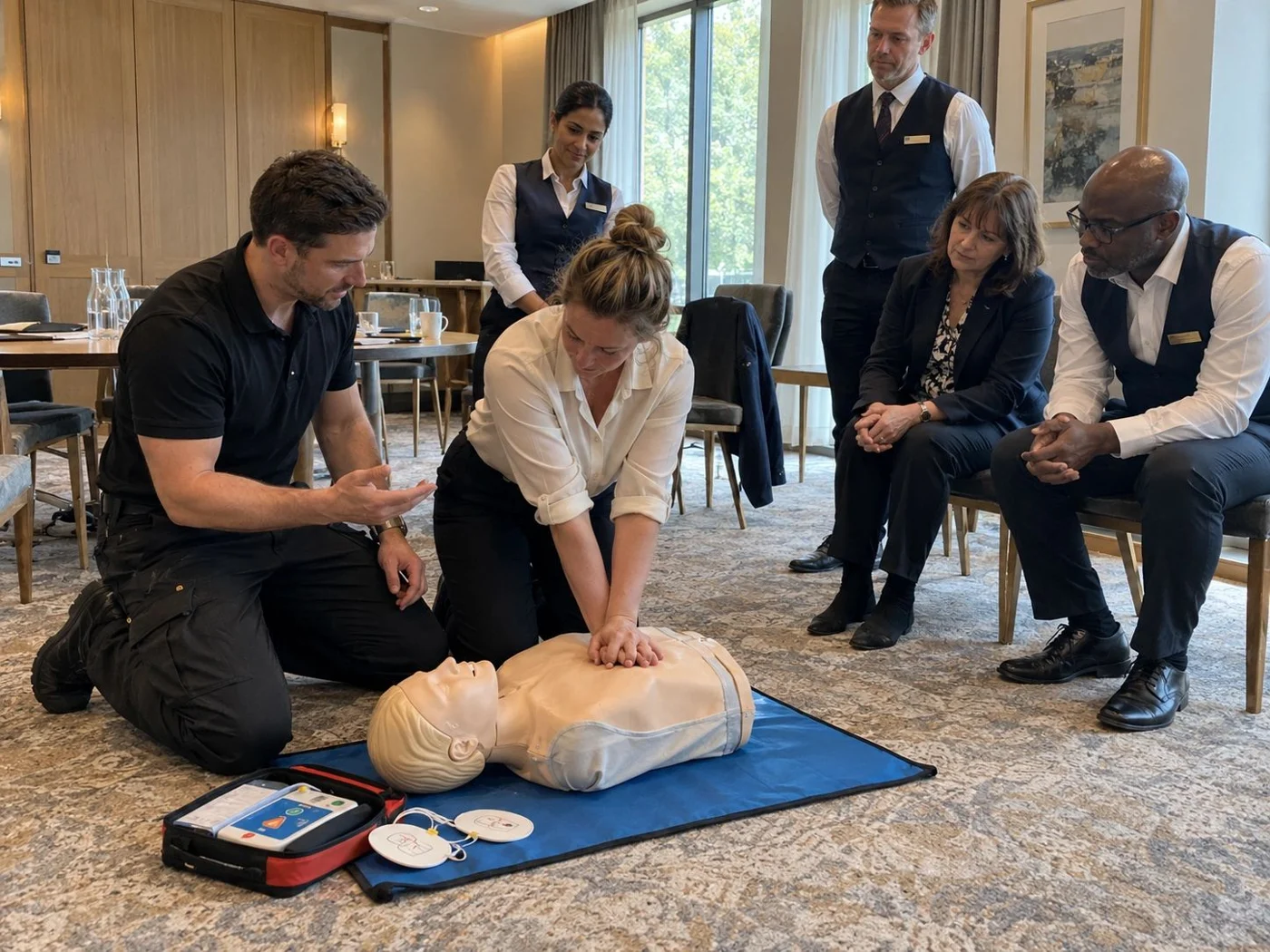 A group practising CPR with an instructor